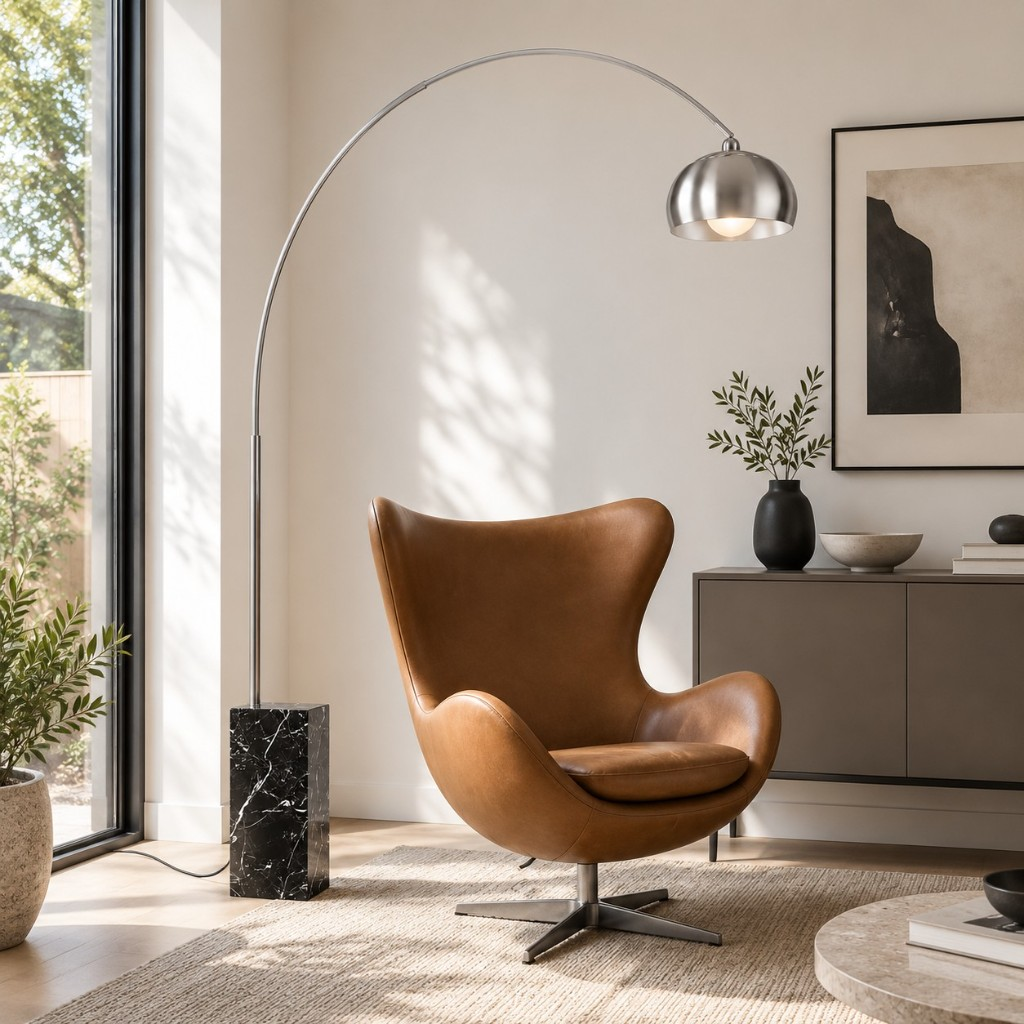 Black marble base curved floor lamp beside a leather chair