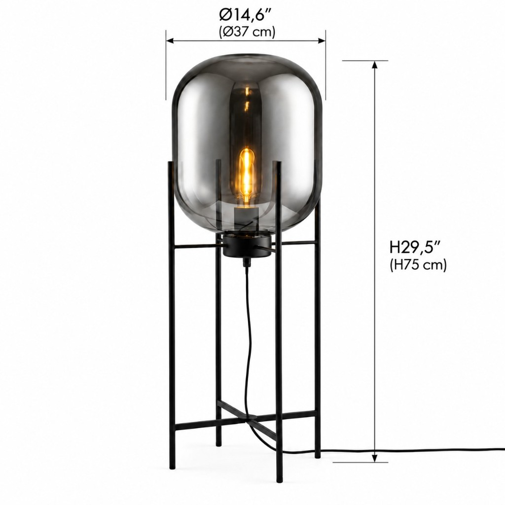 Glass globe floor lamp dimensions: diameter 14.6 inches, height 29.5 inches
