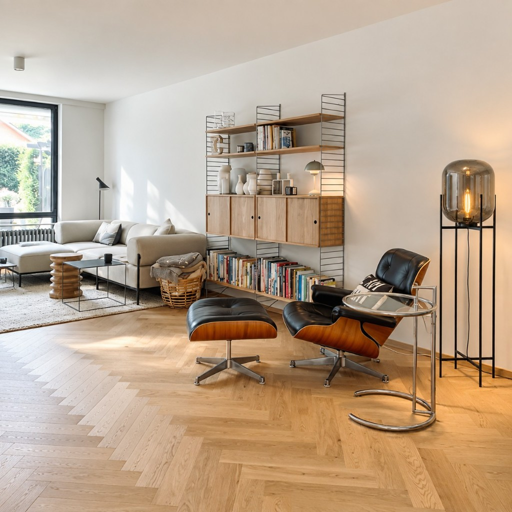 Grey glass globe floor lamp beside a lounge chair