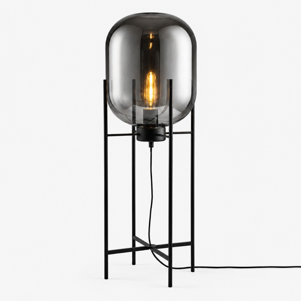 Grey glass globe floor lamp, 14.6 inch diameter
