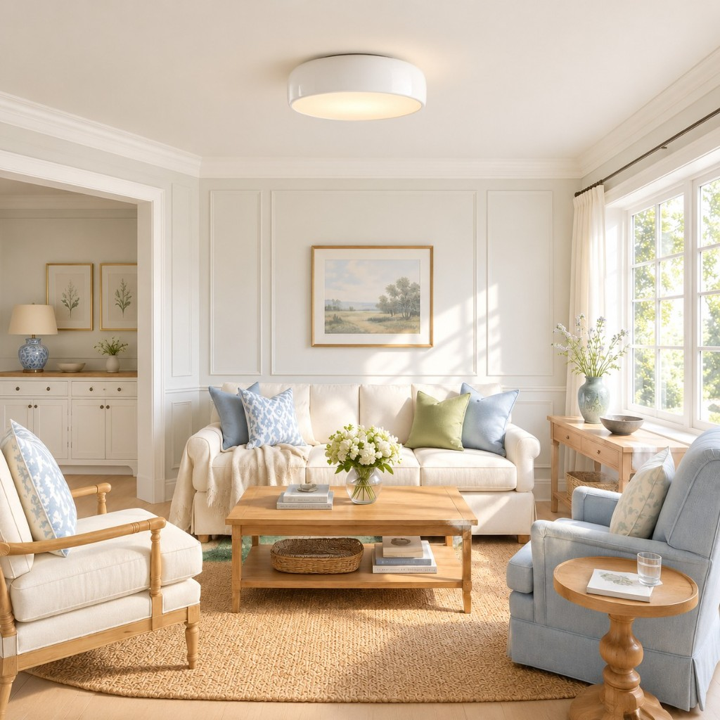 Milk white drum ceiling light in a living room
