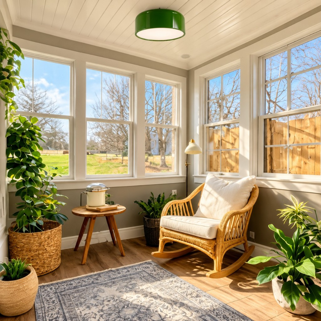 Green drum ceiling light in a sunroom