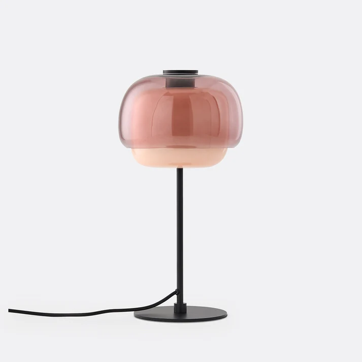 Blush double-dome glass table lamp with a black base