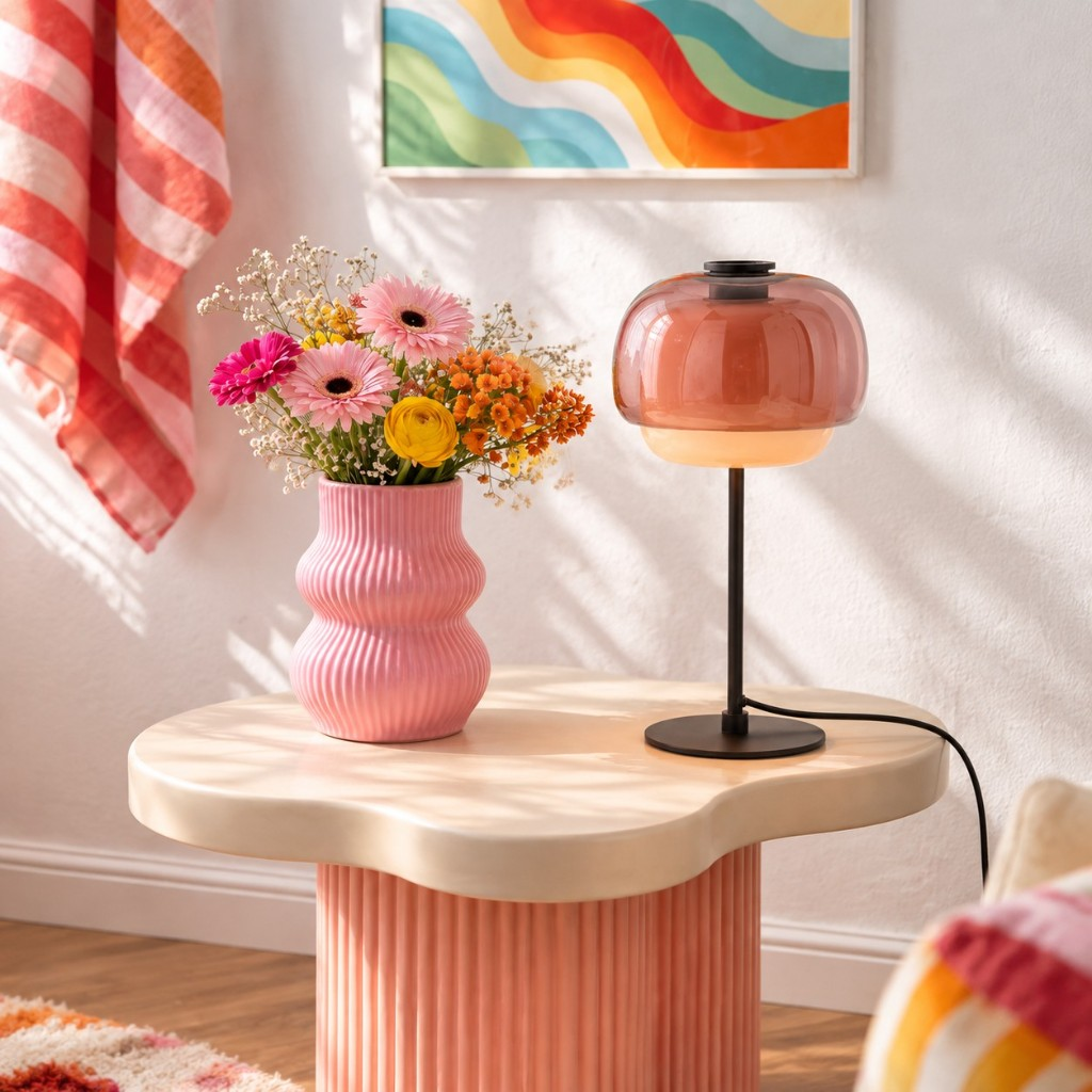 Blush double-dome glass table lamp beside a flower vase