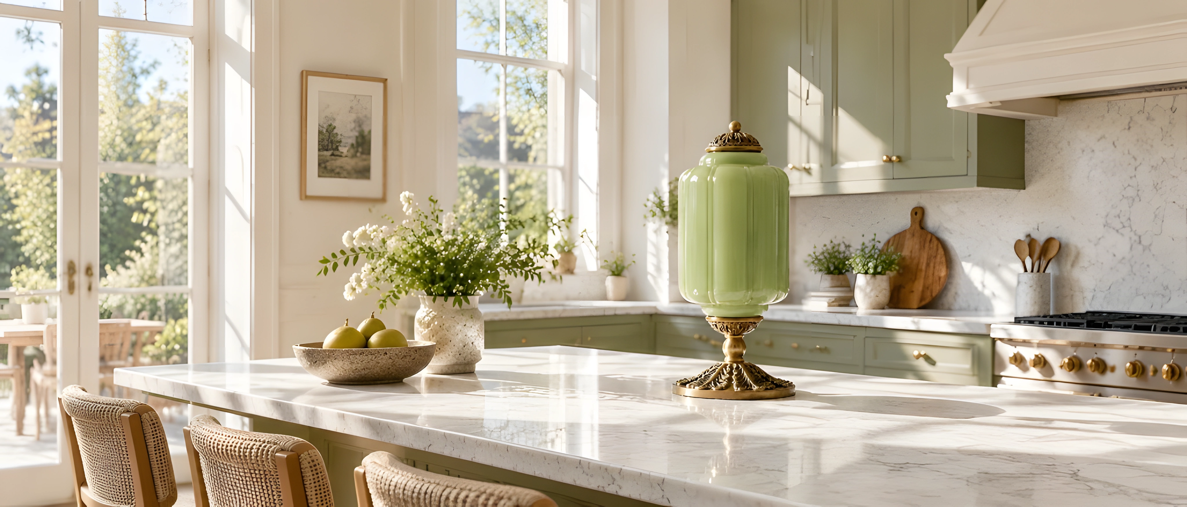 Green scalloped glass table lamp on a kitchen island