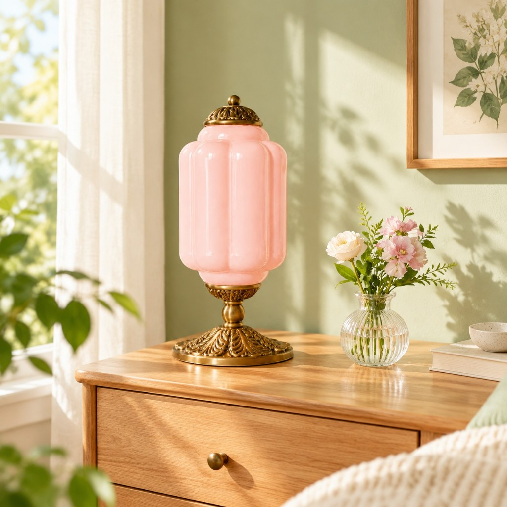 Pink scalloped glass table lamp on a wood dresser