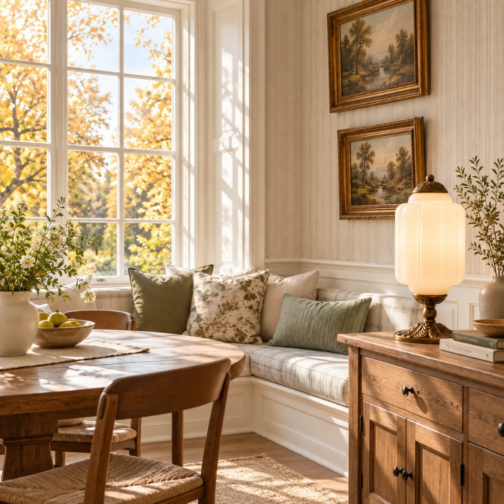 White scalloped glass table lamp on a sideboard
