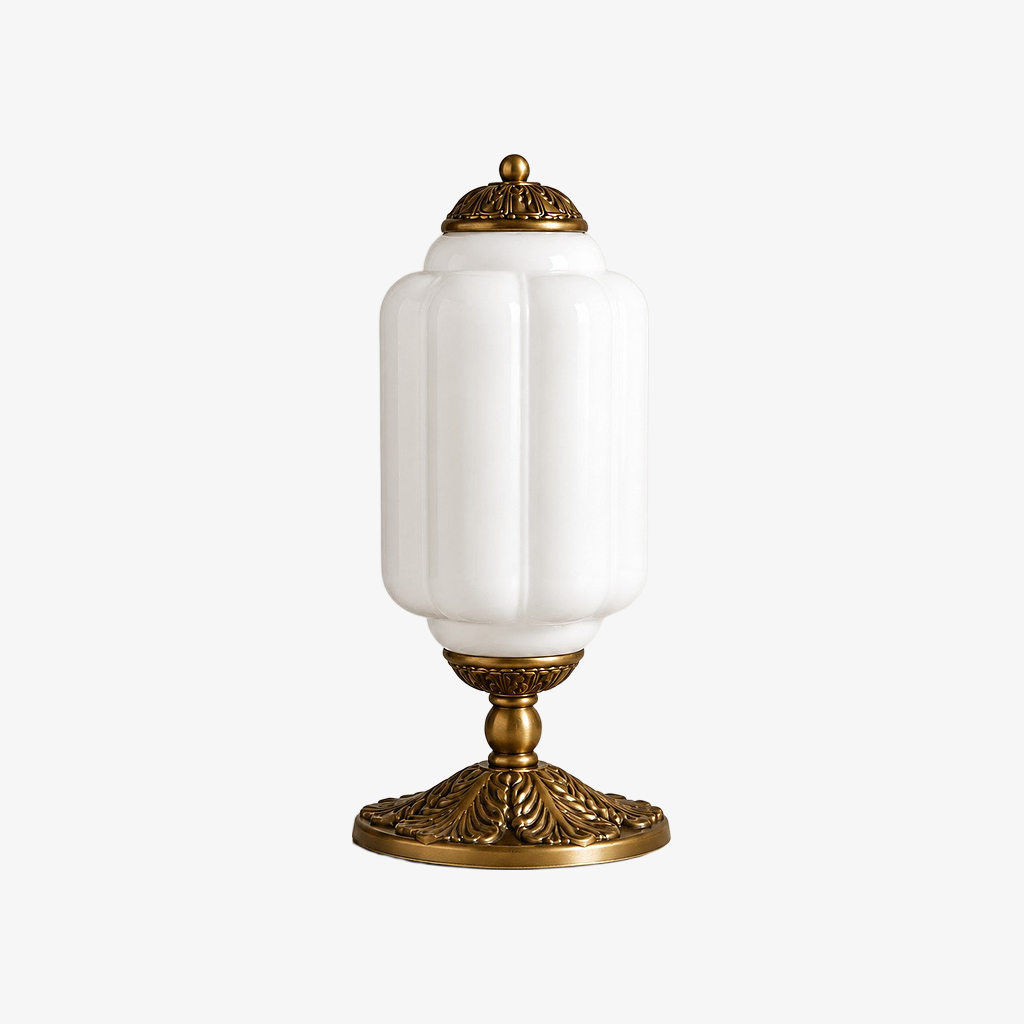White scalloped glass table lamp with a brass base