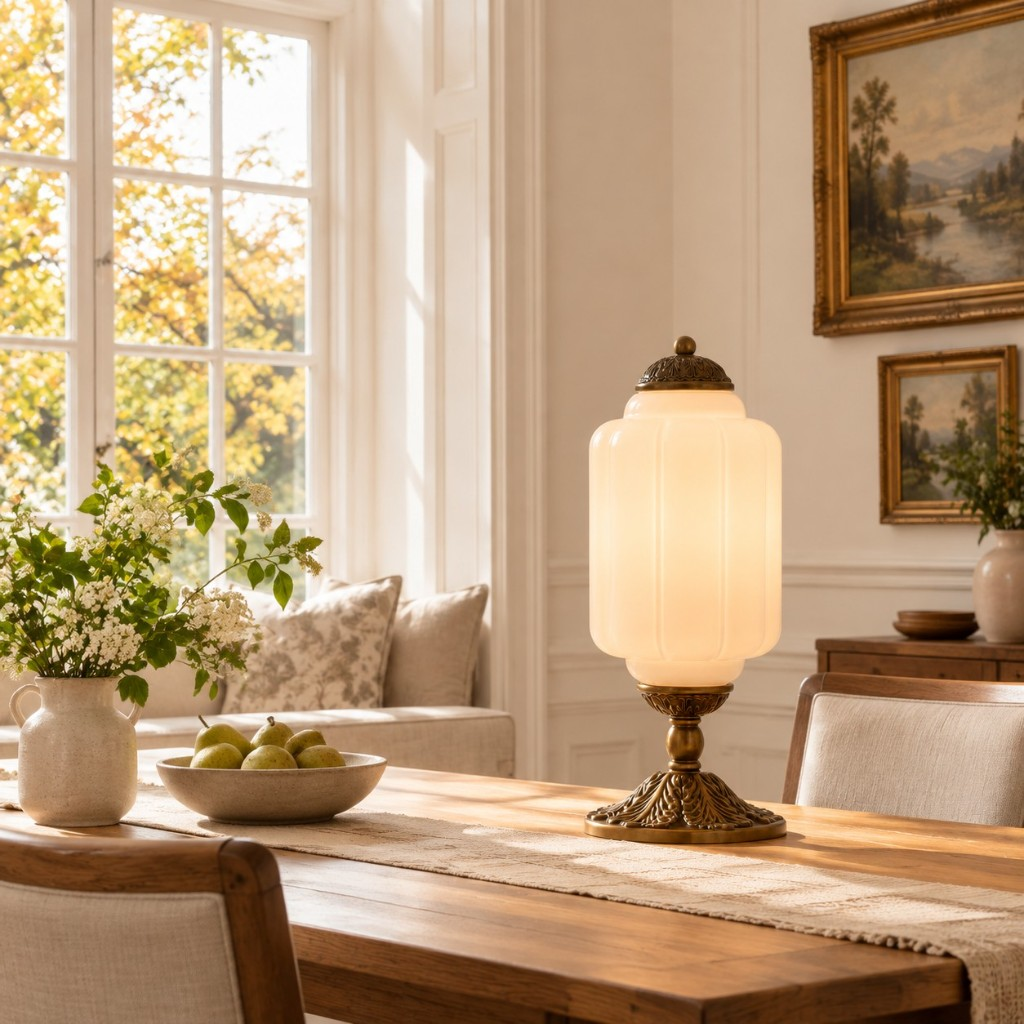 White scalloped glass table lamp on a dining table