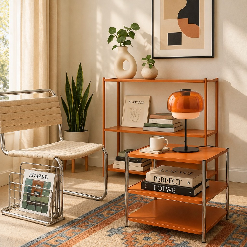 Orange double-dome glass table lamp on an orange shelf