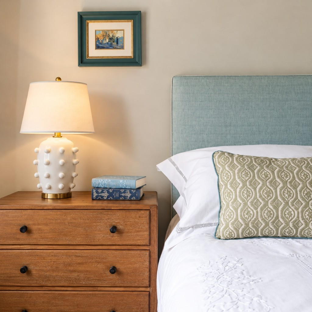 26-inch raised-dot table lamp on a wooden nightstand