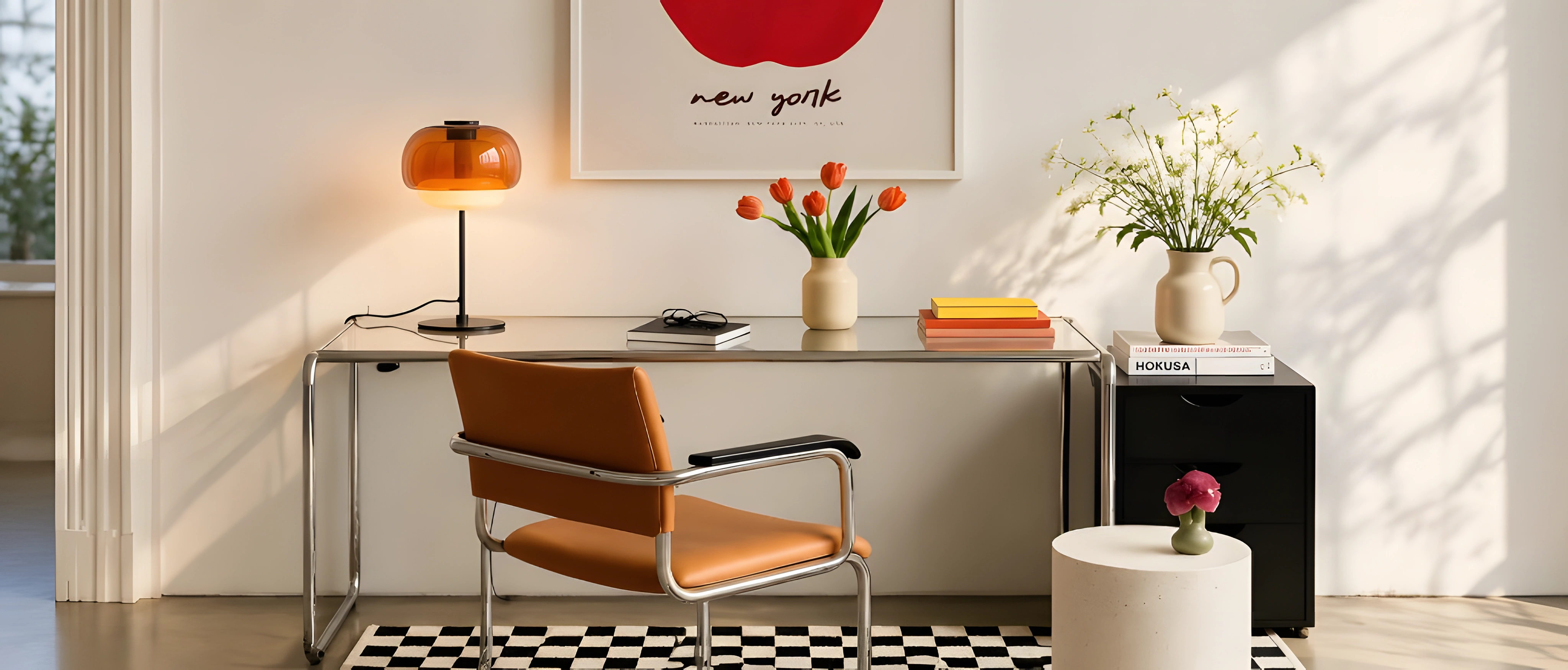 Orange double-dome glass table lamp on a sunlit desk