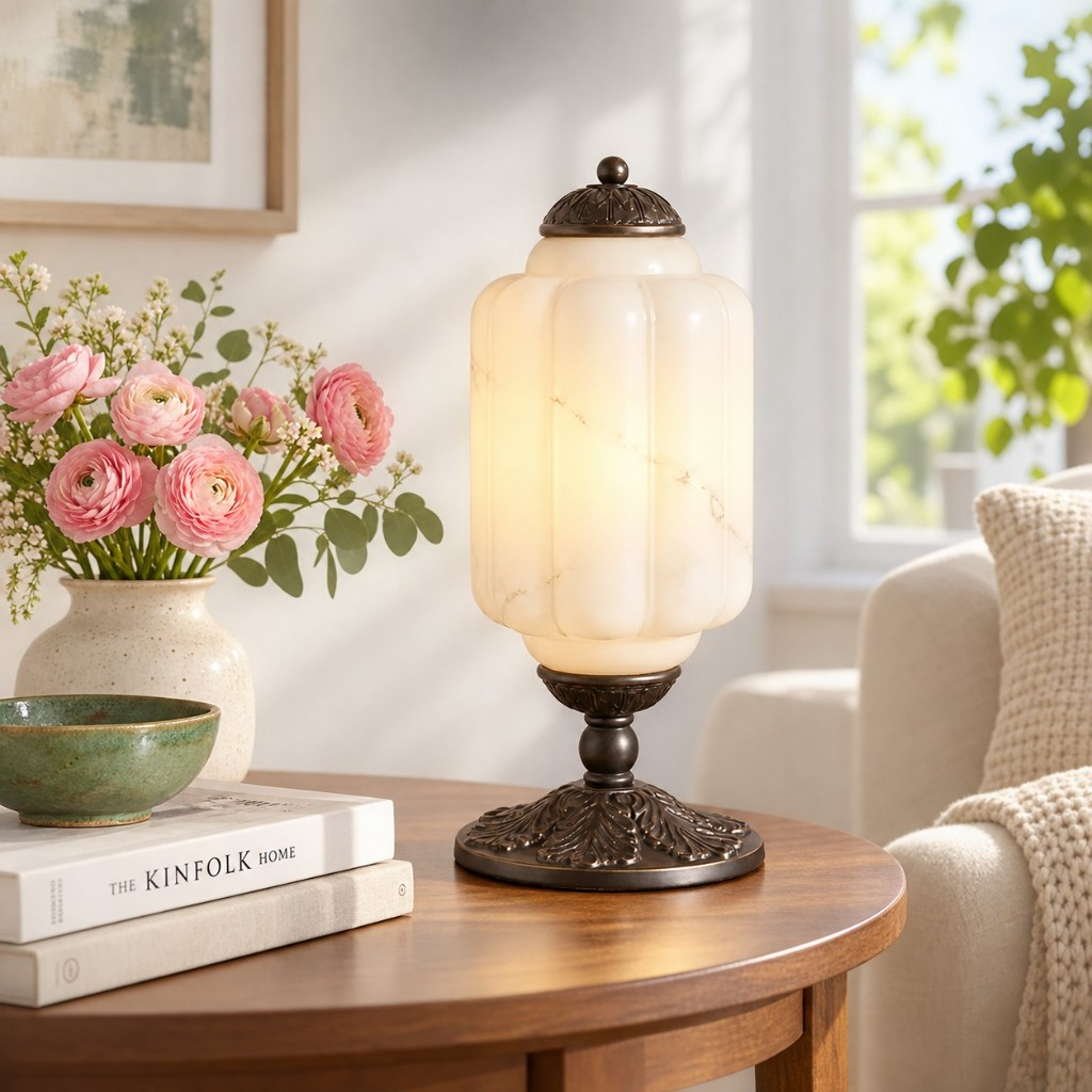 Frosted glass table lamp on a wood dresser