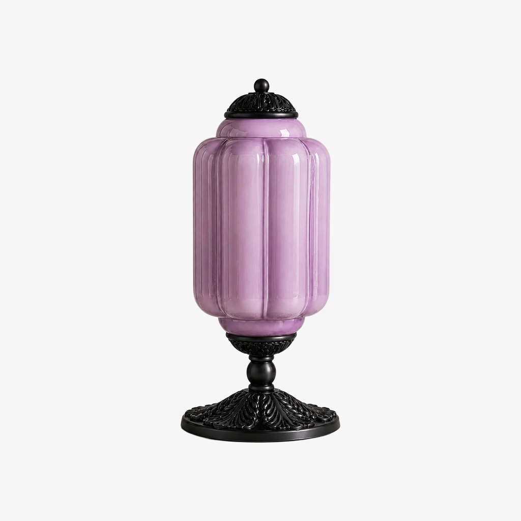 Lavender scalloped glass table lamp with a black base