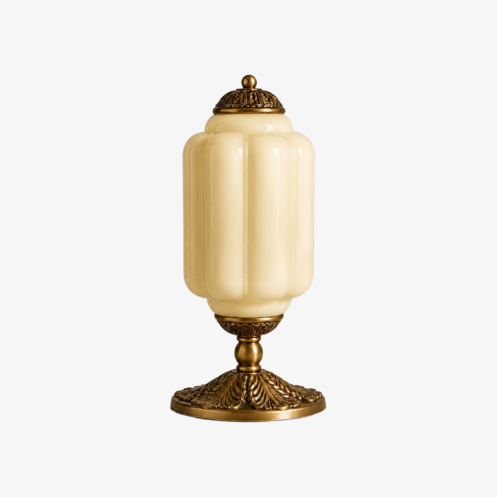 Yellow scalloped glass table lamp with a brass base
