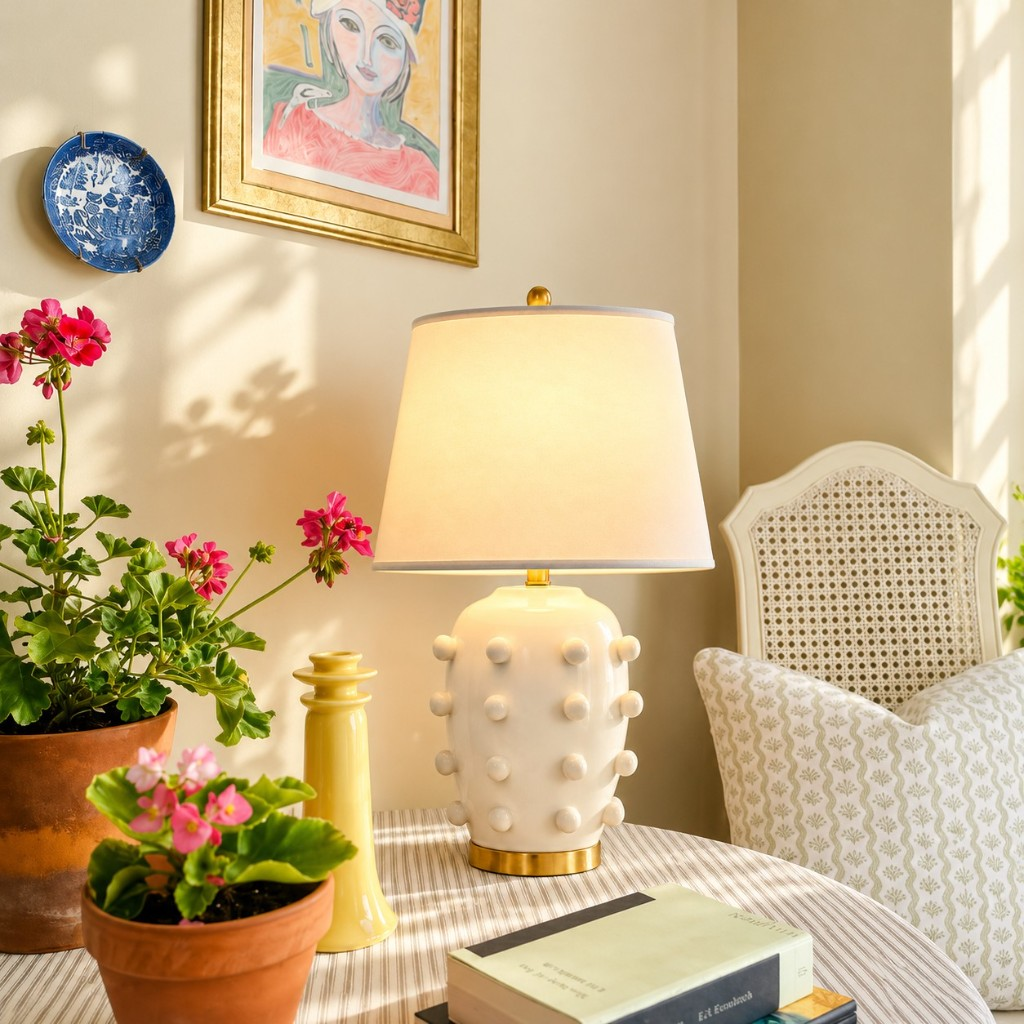 26-inch raised-dot table lamp beside pink flowers