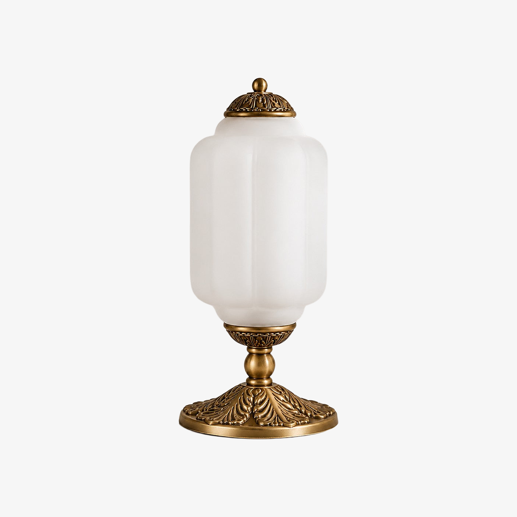 Frosted glass table lamp with a brass base
