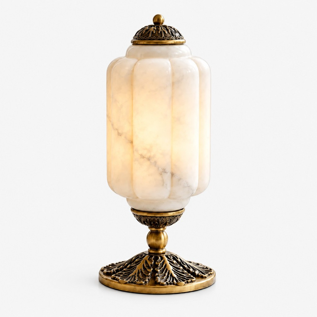 Alabaster scalloped glass table lamp with a brass base