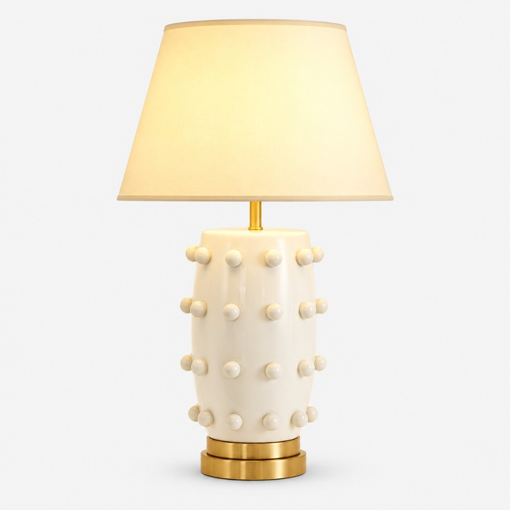 White raised-dot table lamp, 30 inches, with a brass base