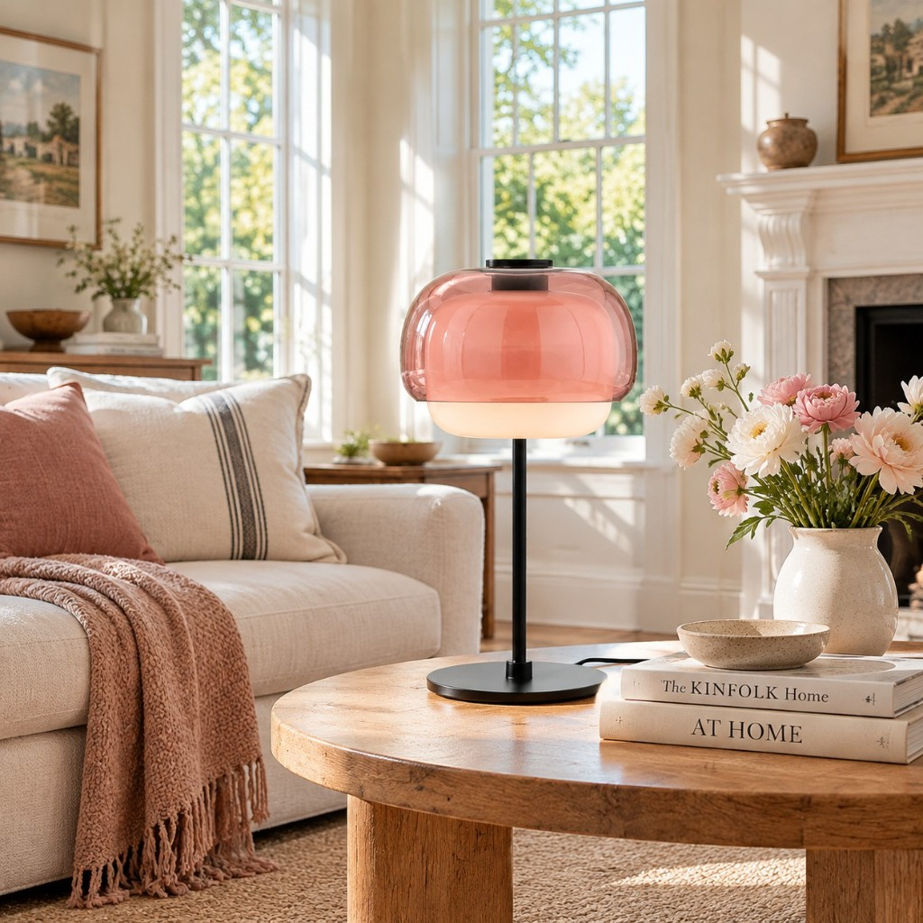 Blush double-dome glass table lamp on a round coffee table