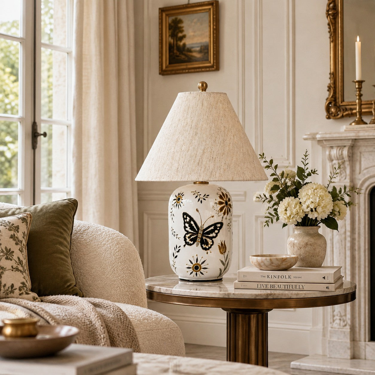 Neutral tapered linen shade table lamp by a fireplace