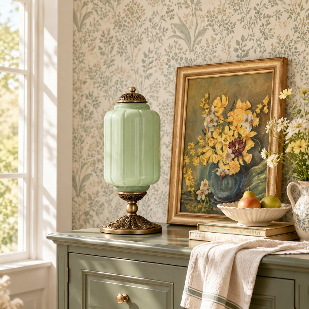 Green scalloped glass table lamp on a green cabinet