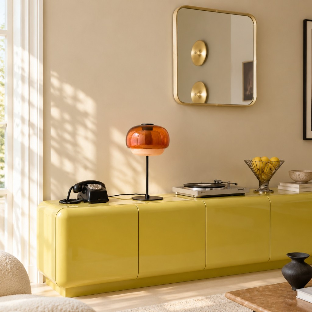 Orange double-dome glass table lamp on a yellow sideboard