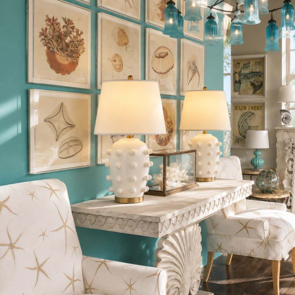 Two 26-inch raised-dot table lamps on a stone console