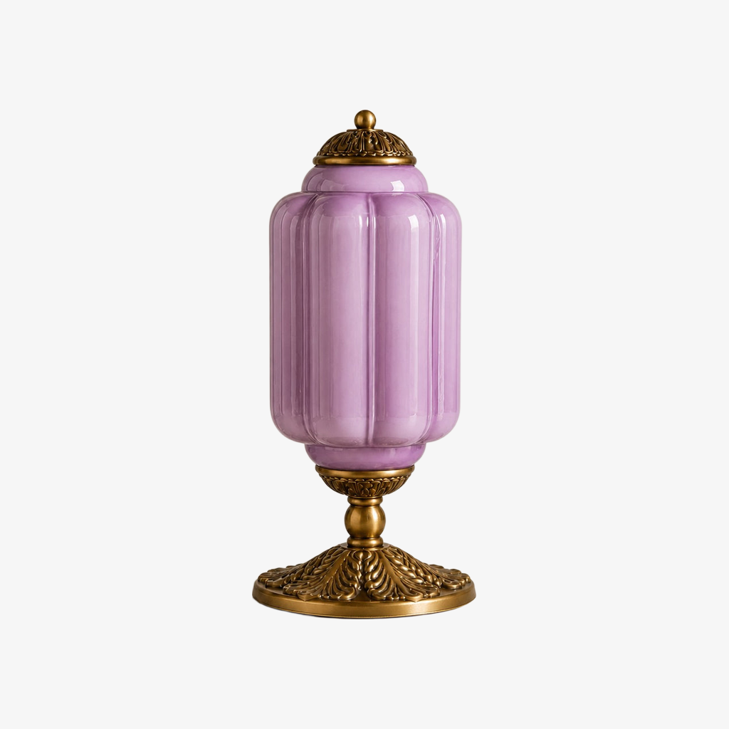 Lavender scalloped glass table lamp with a brass base