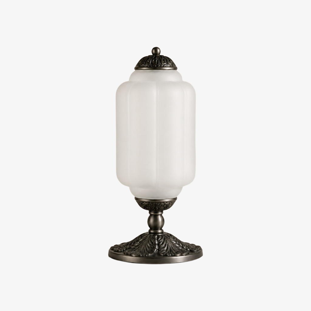Frosted glass table lamp with a black base