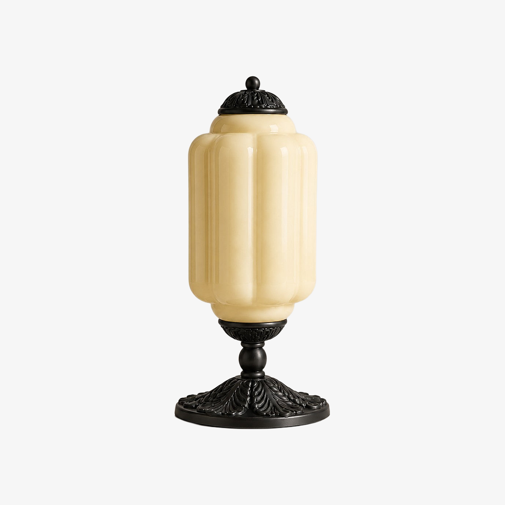 Yellow scalloped glass table lamp with a black base