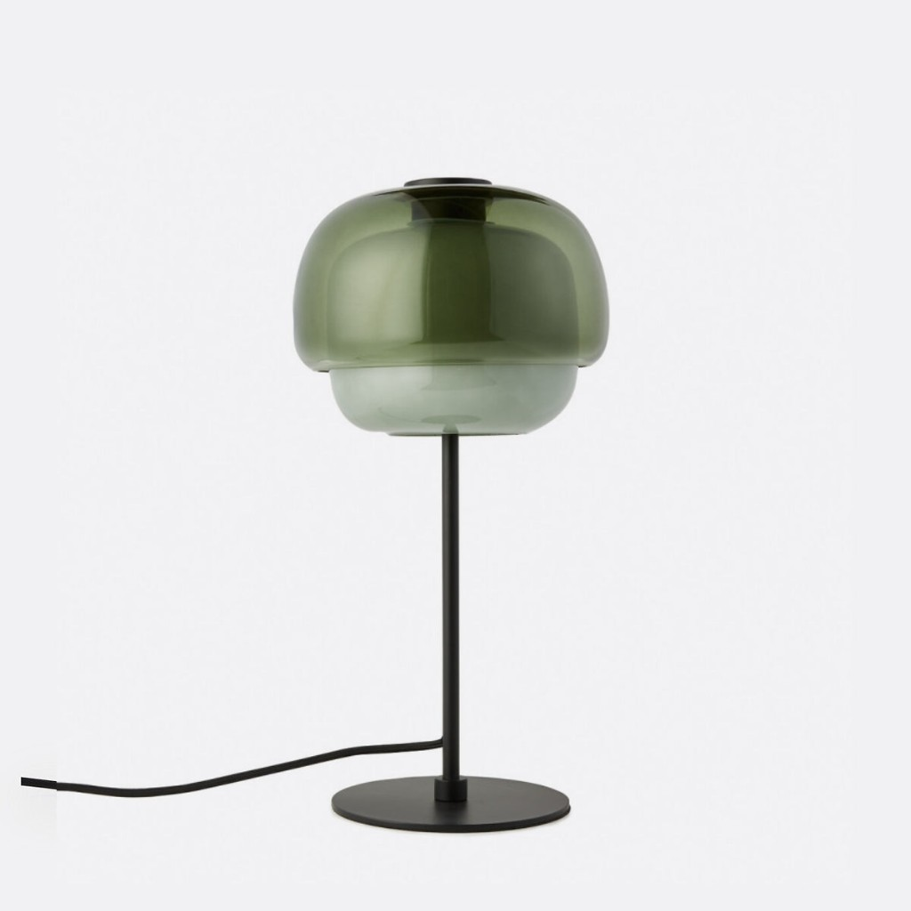Gray green double-dome glass table lamp with a black base