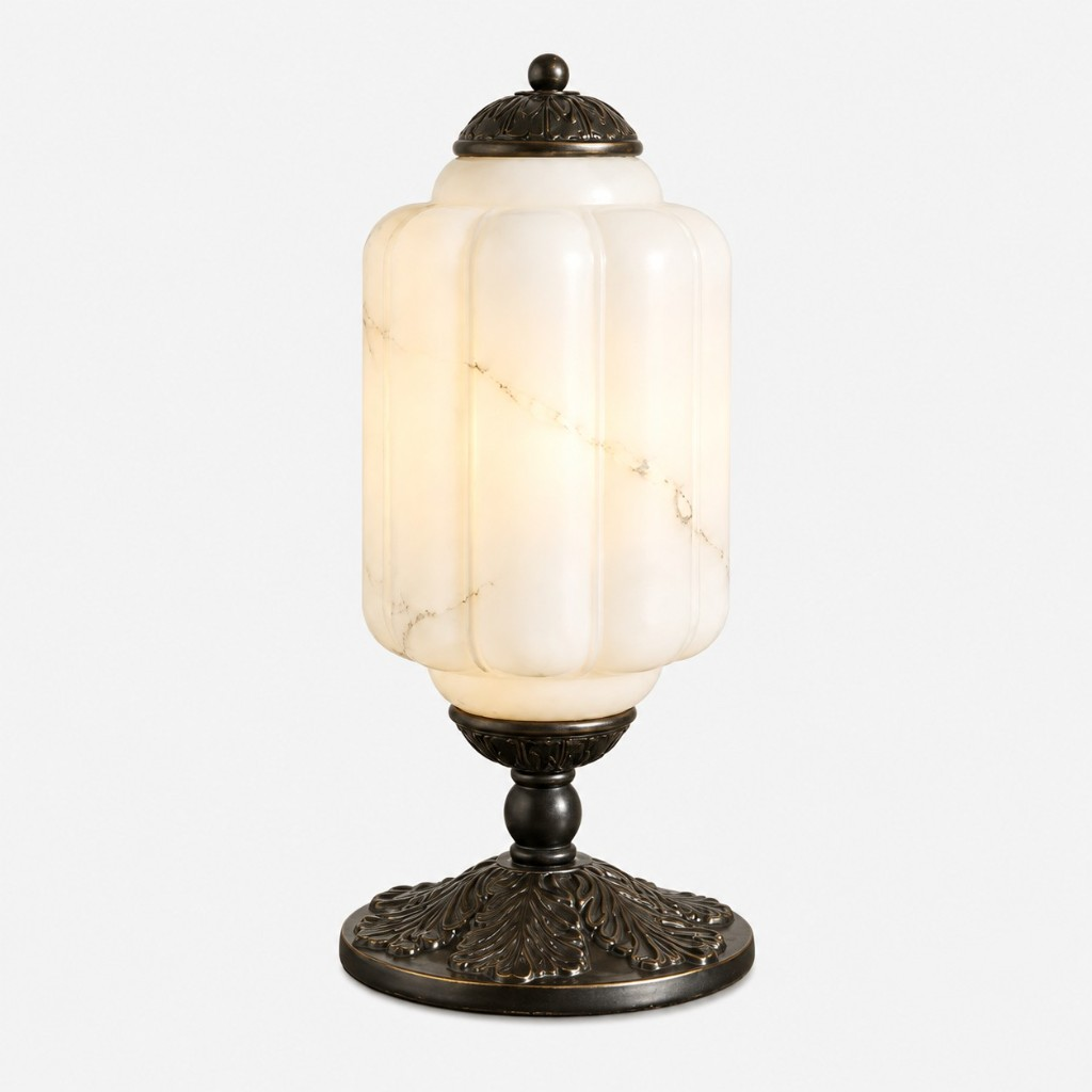Alabaster scalloped glass table lamp with a black base