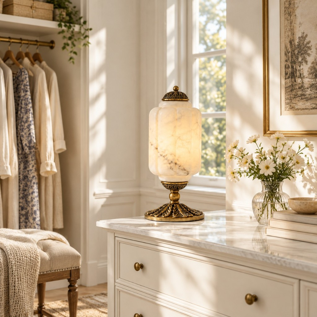 Alabaster scalloped glass table lamp on a white dresser