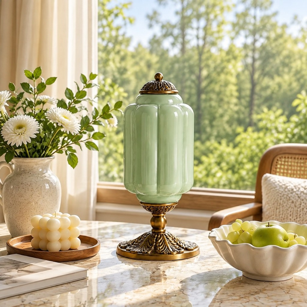 Green scalloped glass table lamp on a marble table