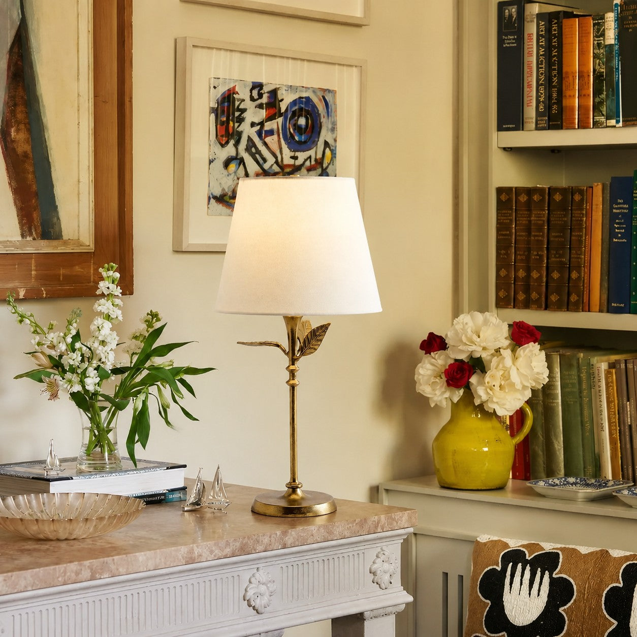 Botanical table lamp on a marble console