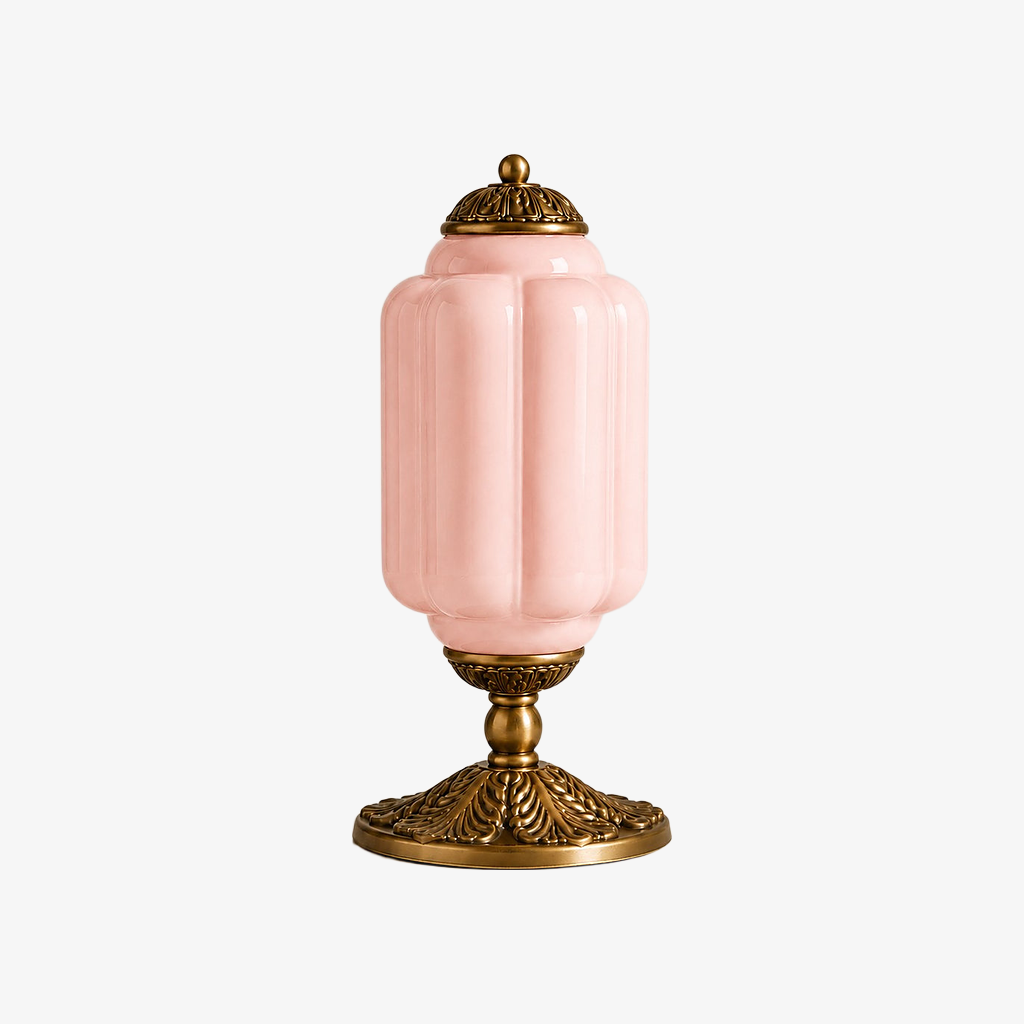 Pink scalloped glass table lamp with a brass base