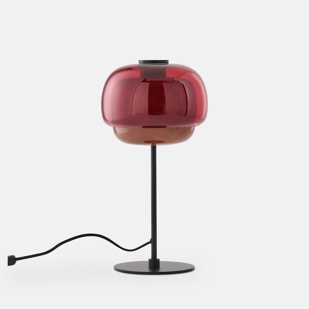 Burgundy double-dome glass table lamp with a black base