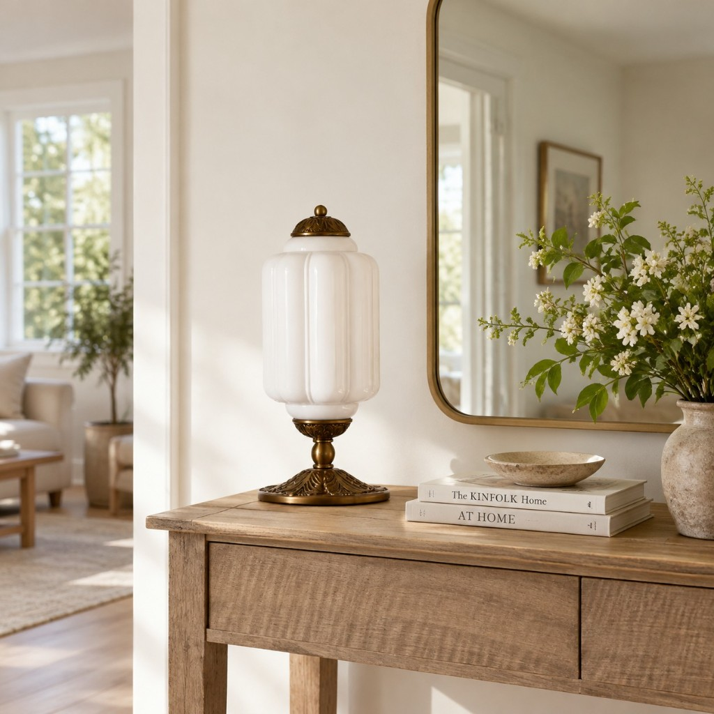 Alabaster scalloped glass table lamp with a black base on a round table
