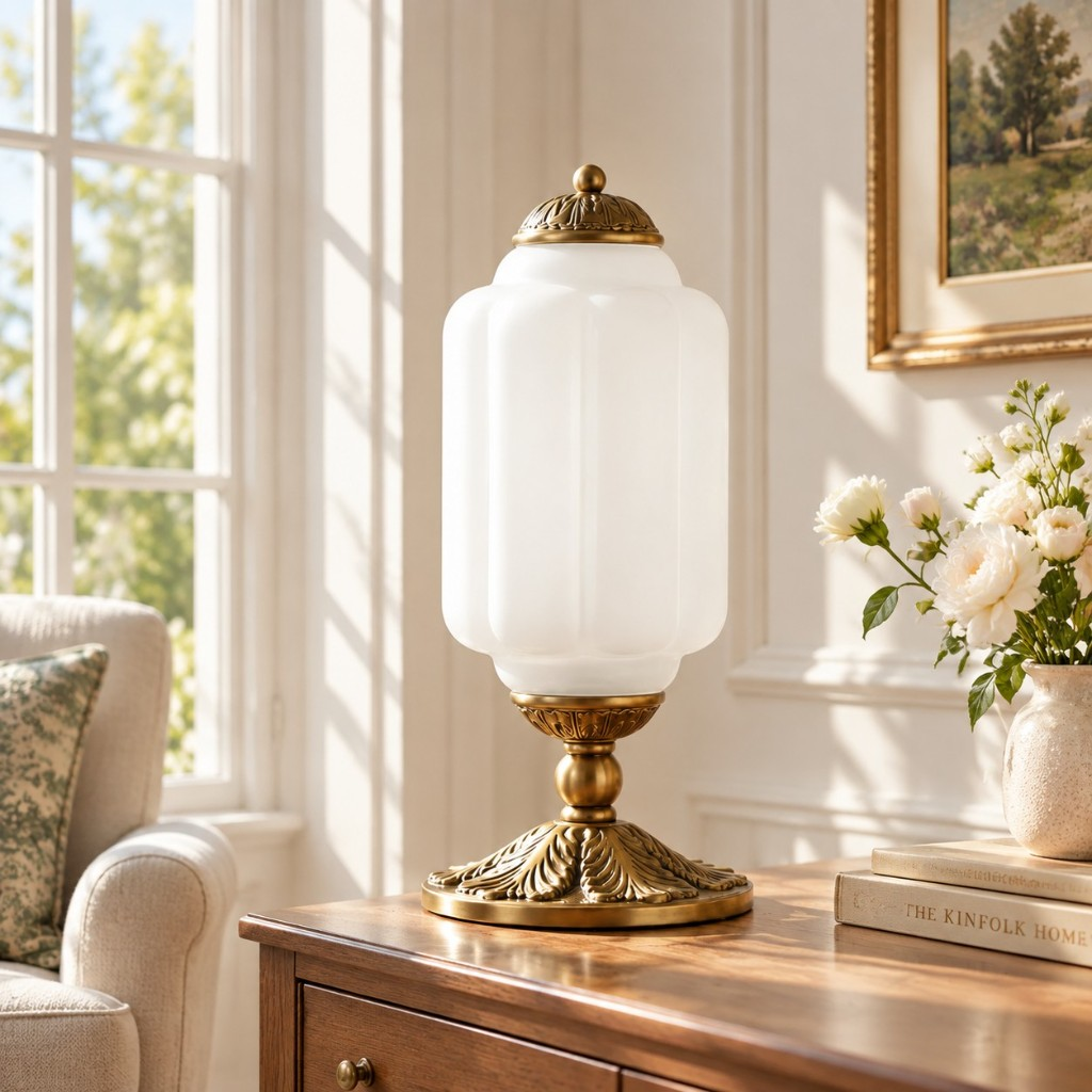 Pink scalloped glass table lamp on a wood sideboard