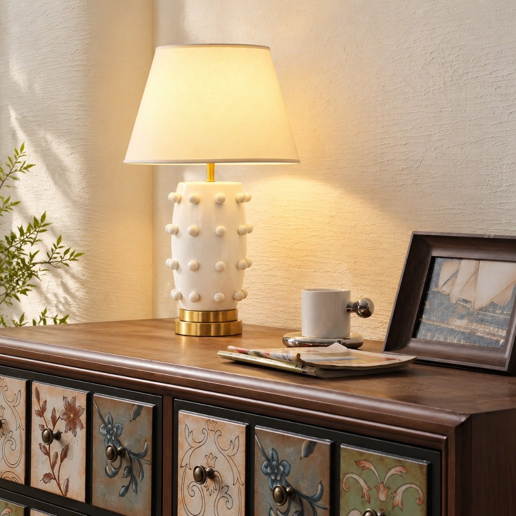 30-inch raised-dot table lamp on a painted cabinet