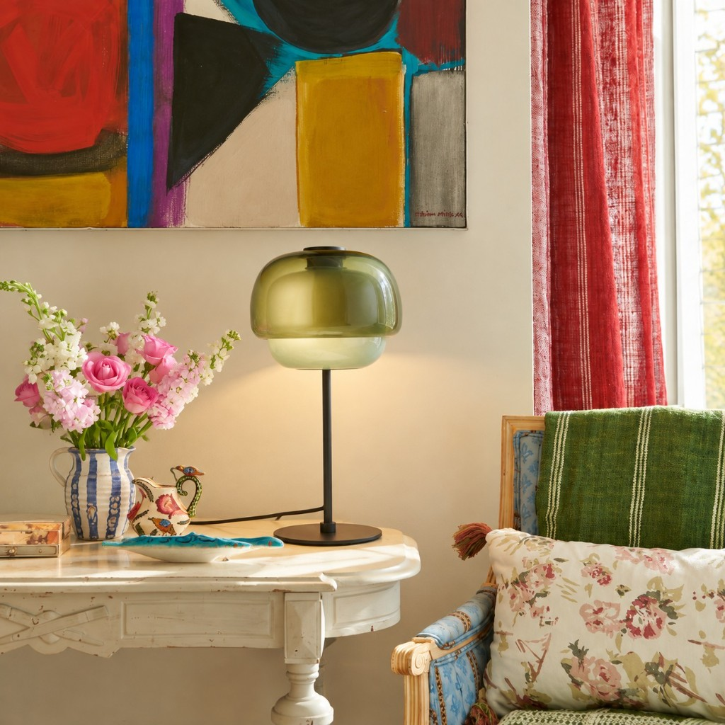 Gray green double-dome glass table lamp on a white console