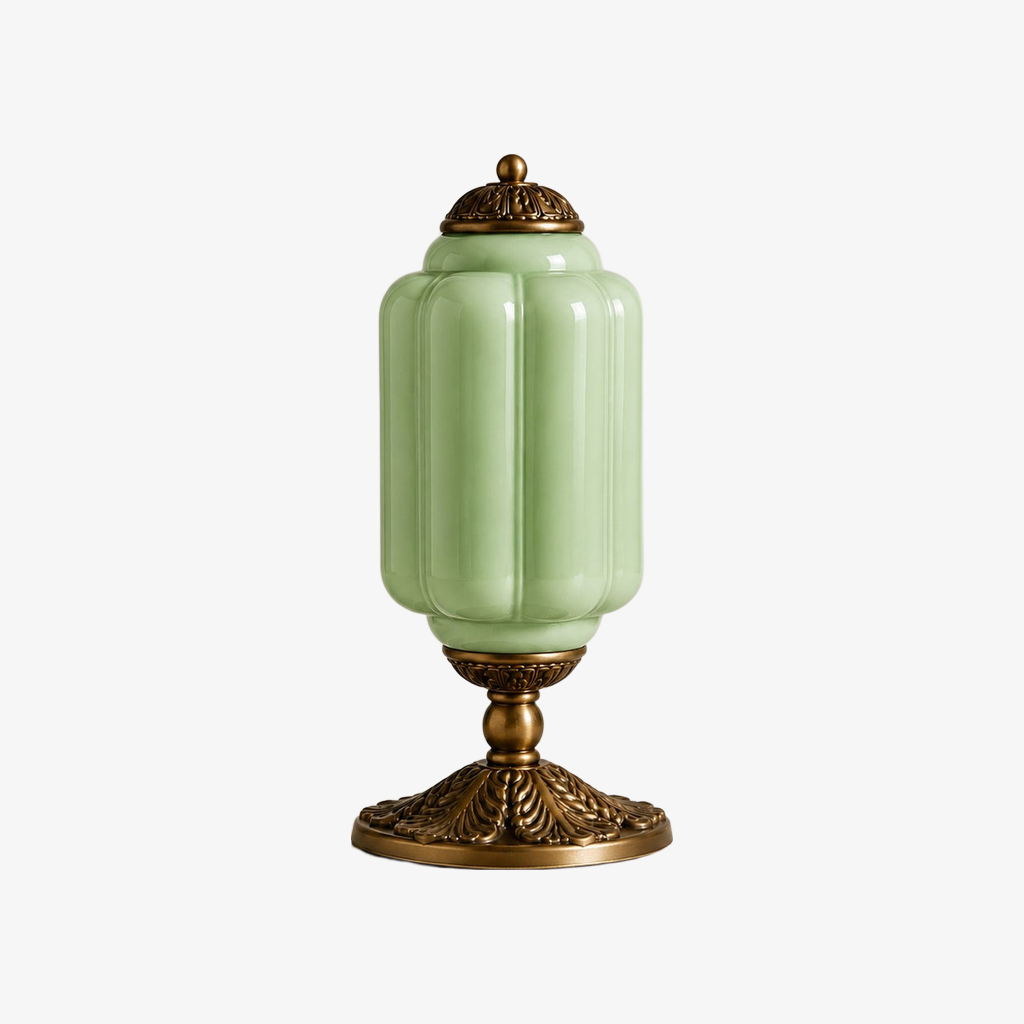 Green scalloped glass table lamp with a brass base