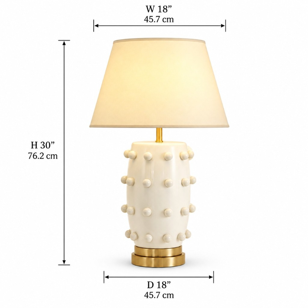 Raised-dot table lamp dimensions: width 18 inches, depth 18 inches, height 30 inches