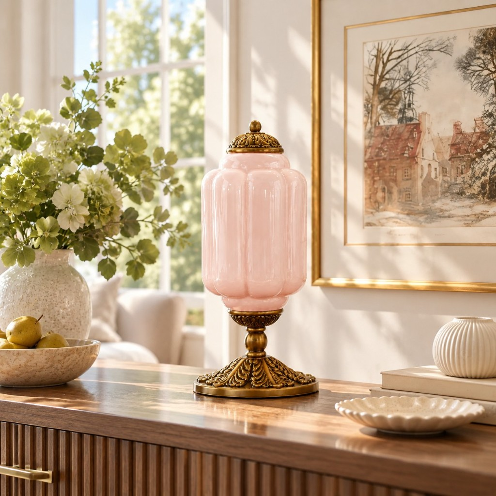 White scalloped glass table lamp on a wood console