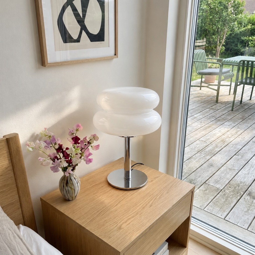 White two-tier glass table lamp beside a glass door