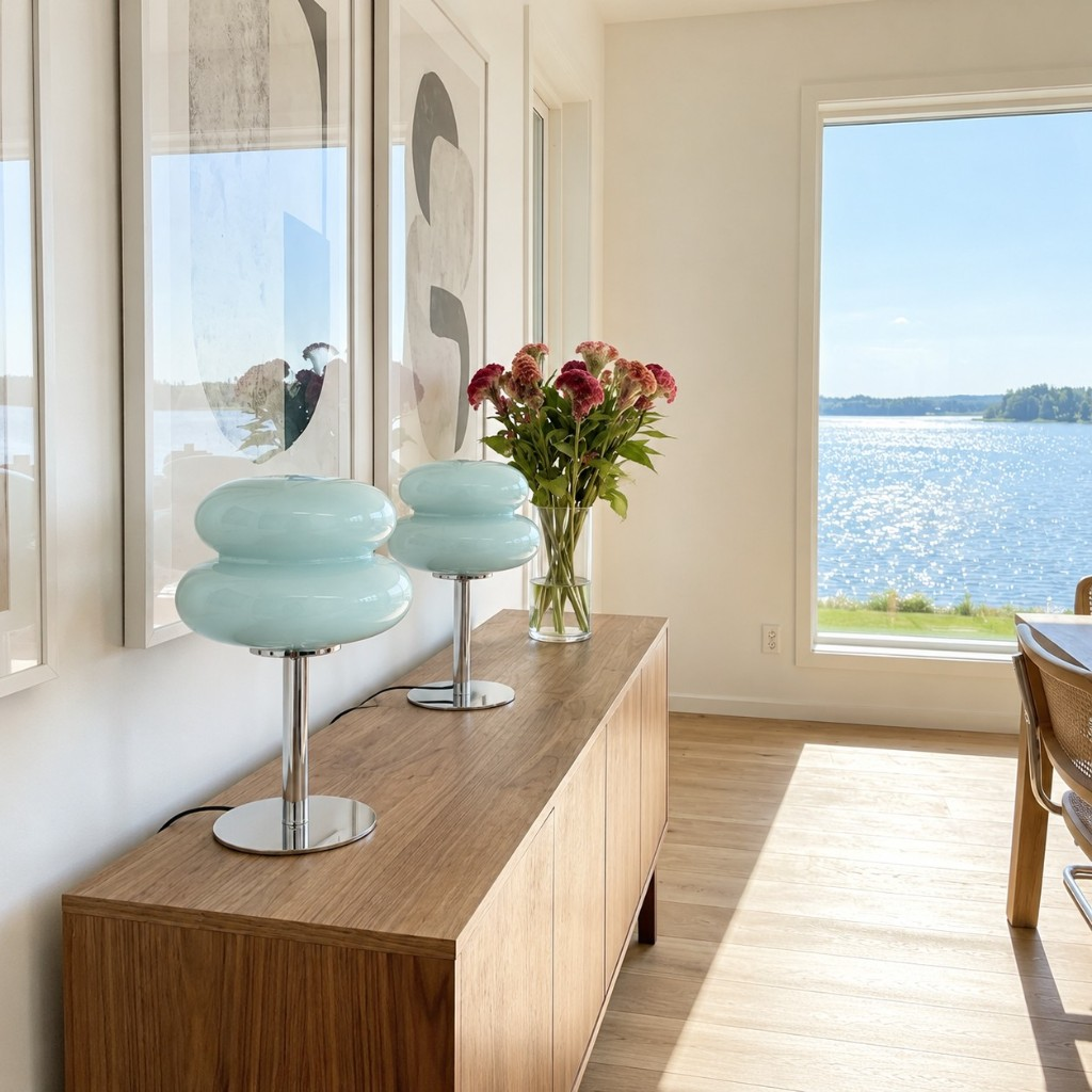Two light blue two-tier glass table lamps on a wood sideboard