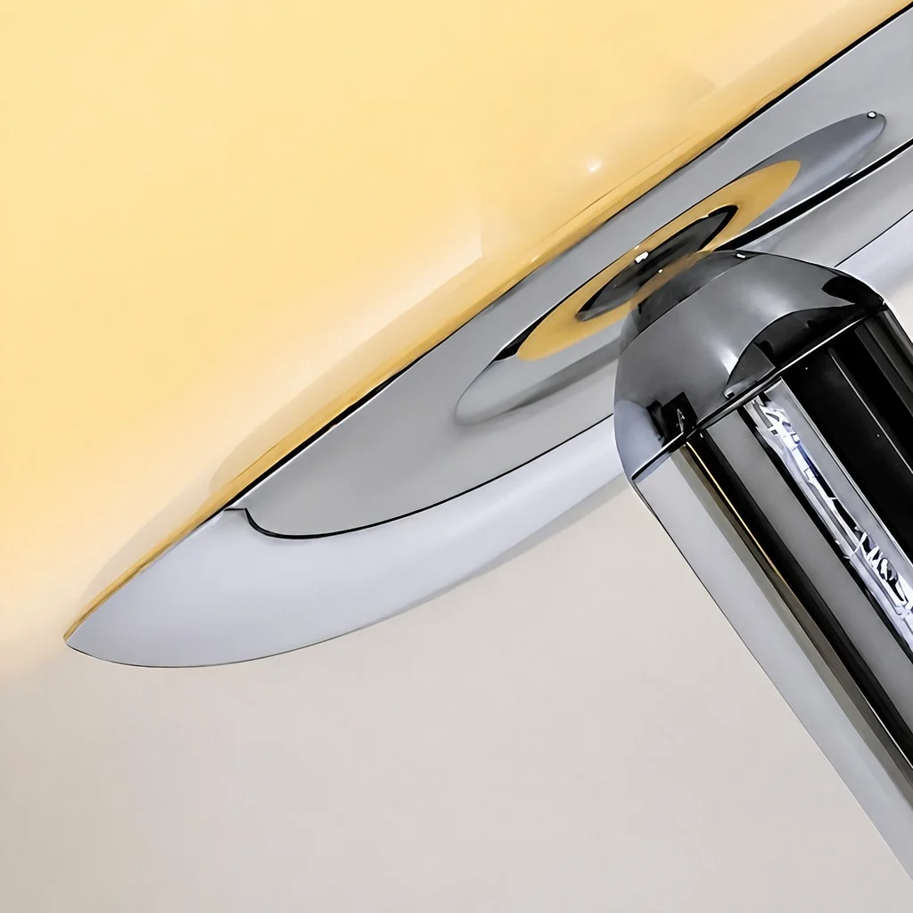 Chrome stem meeting the glass shade