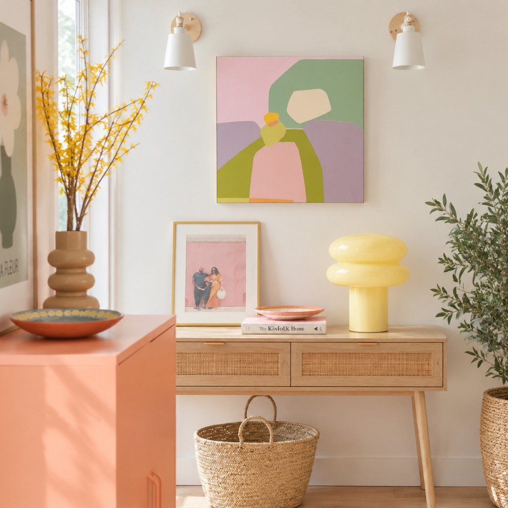 Mustard yellow mushroom glass table lamp on a wood console