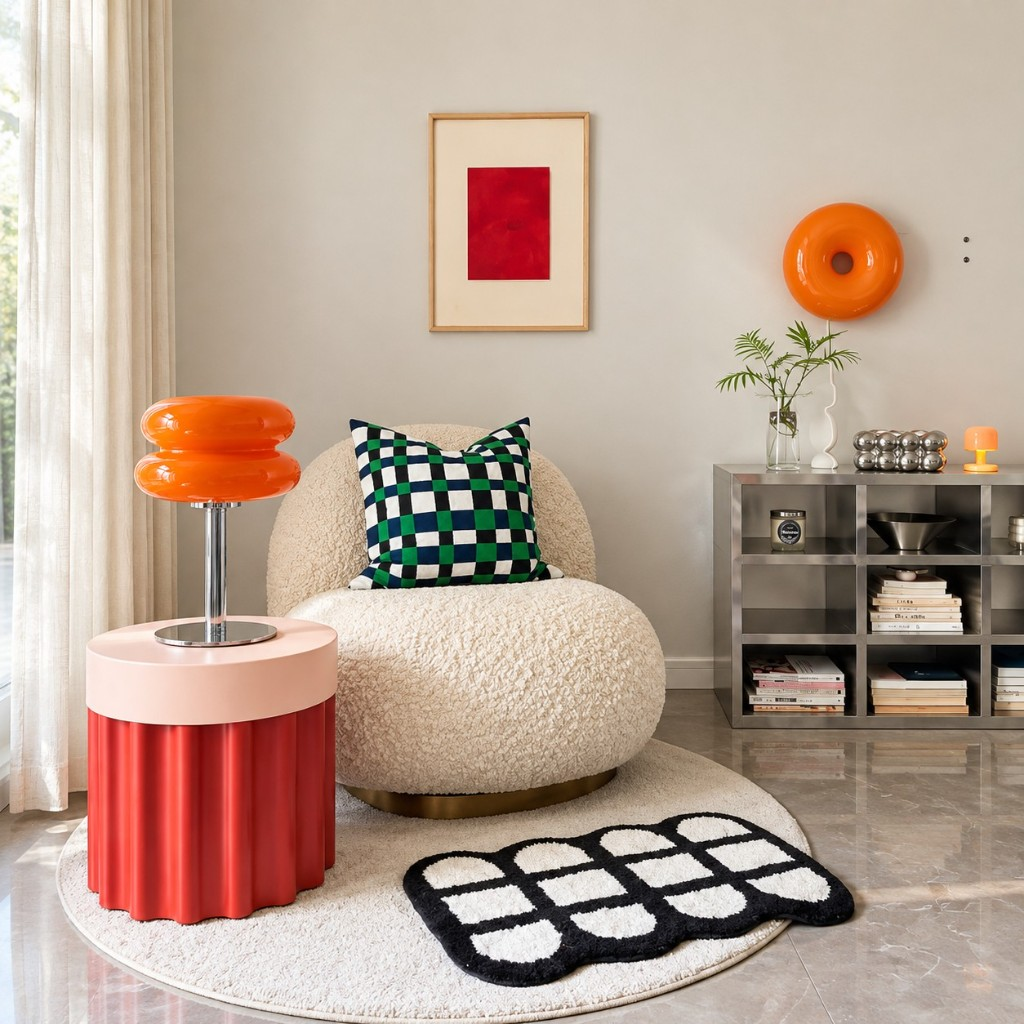 Orange two-tier glass table lamp on a red side table